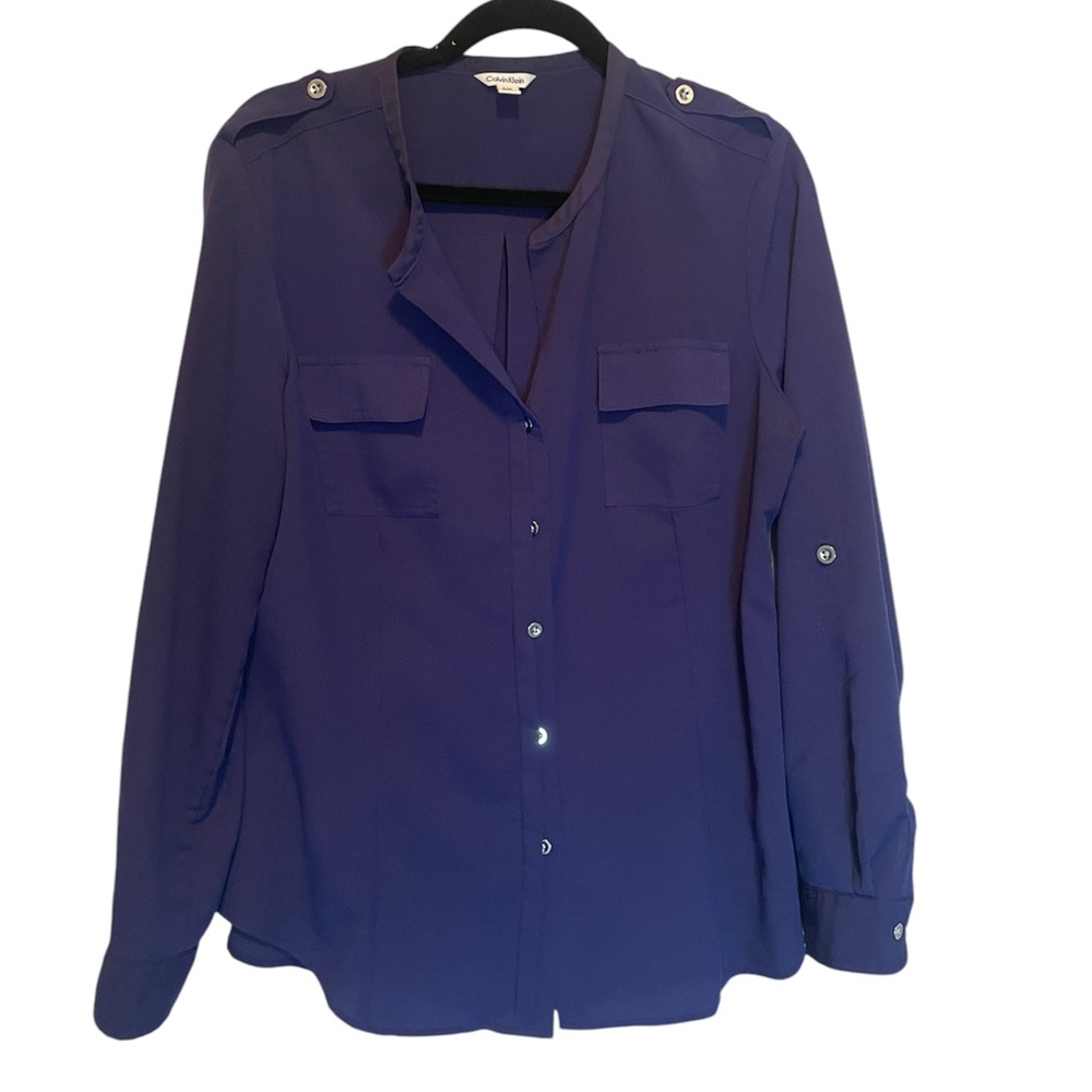 Calvin Klein Women Large Navy Purple Button Down L/S Roll Tab Blouse Top - Picture 3 of 12